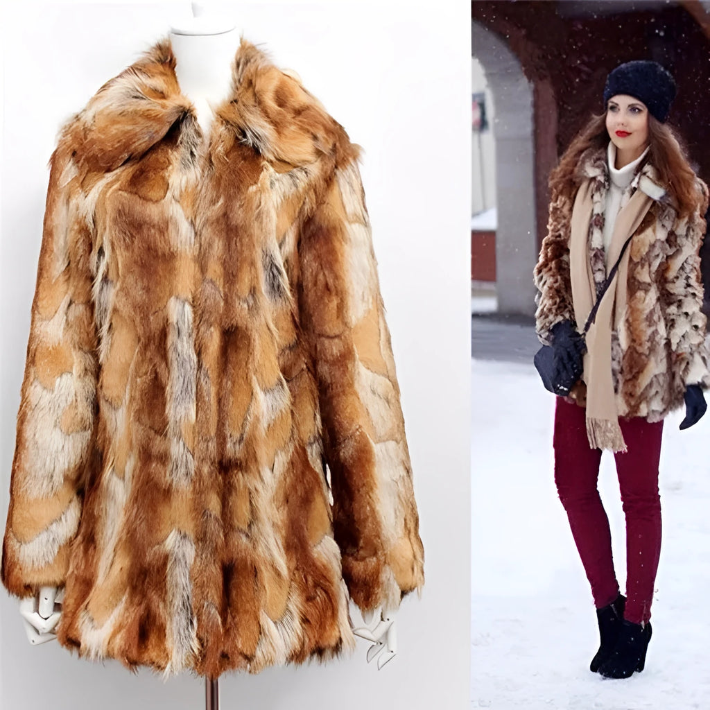 Women's tiger pattern faux fur leather jacket with medium length 65cm cut and long sleeves