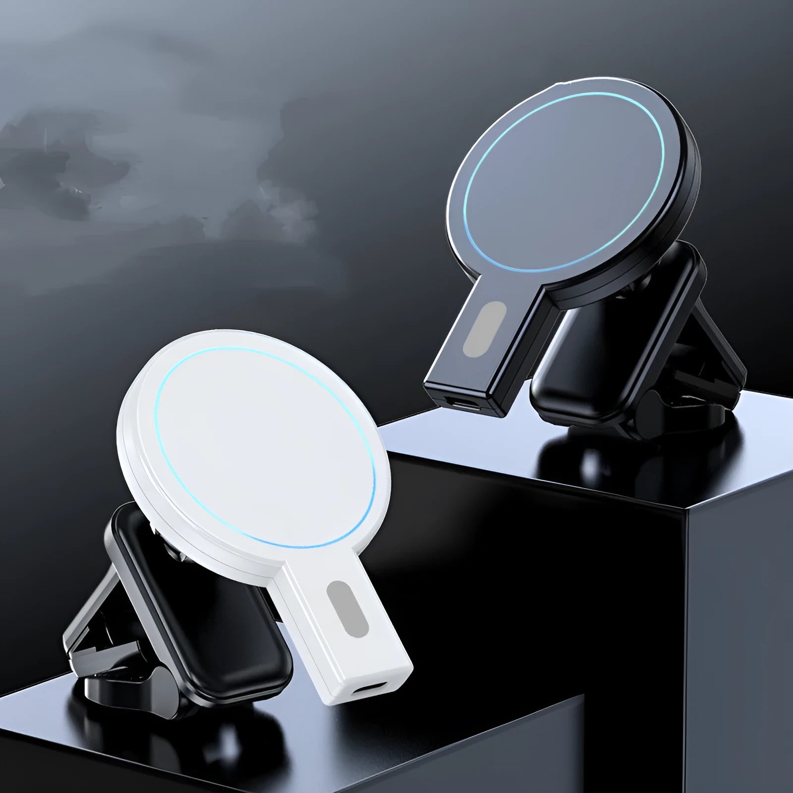 Black and white mobile magnetic wireless charger with dimensions 85.2x58.4x29.5mm
