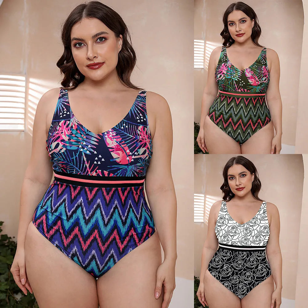 Women's striped vest one-piece swimsuit with spaghetti straps and floral print on blue background.