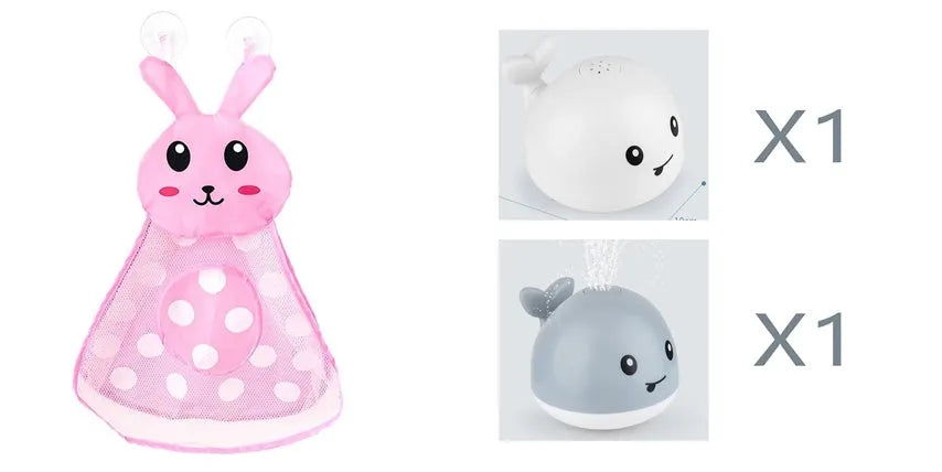 Whale-shaped electric bath toy spraying water with coloured LED lights, shown with base unit on blue background