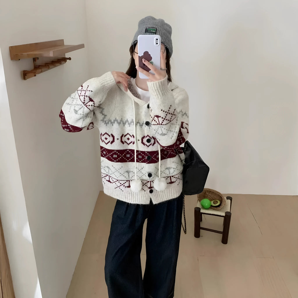 Women's plus size brocade knit sweater coat with geometric pattern in milky white and grey colour options