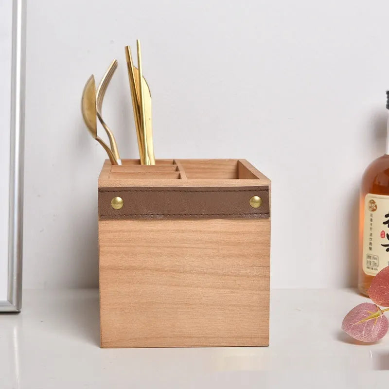 Wooden kitchen storage box with grid compartments for knives forks chopsticks measuring 12.5x12.5x23cm