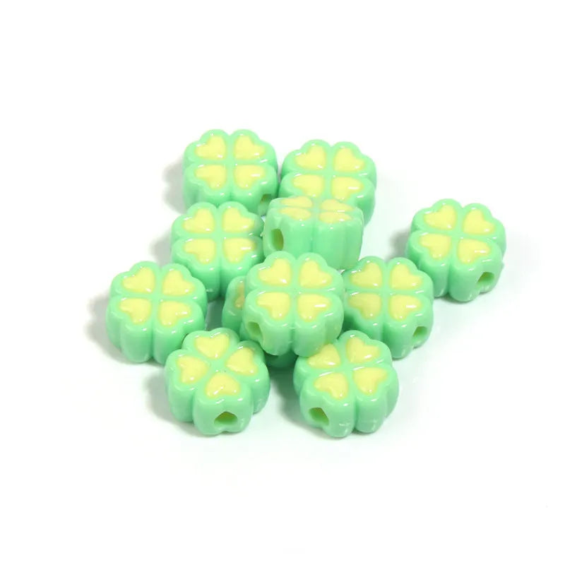 15mm acrylic clover beads with cartoon love pattern and frosted finish in mixed colours