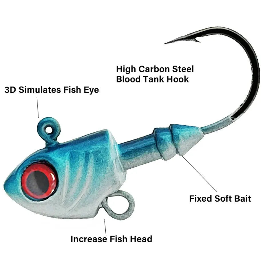 Yayu shaped lead head fishing hook lure in blue, silver, and yellow colours showing fish simulation design.