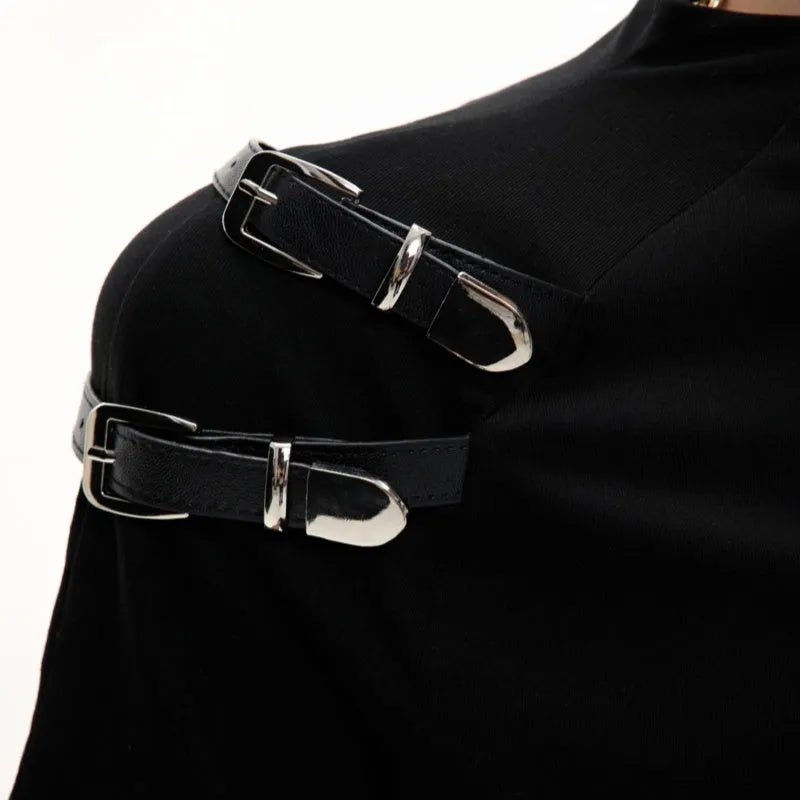 Men's black slim fit cotton T-shirt with a small stand-up collar and decorative metal belt stitching design.