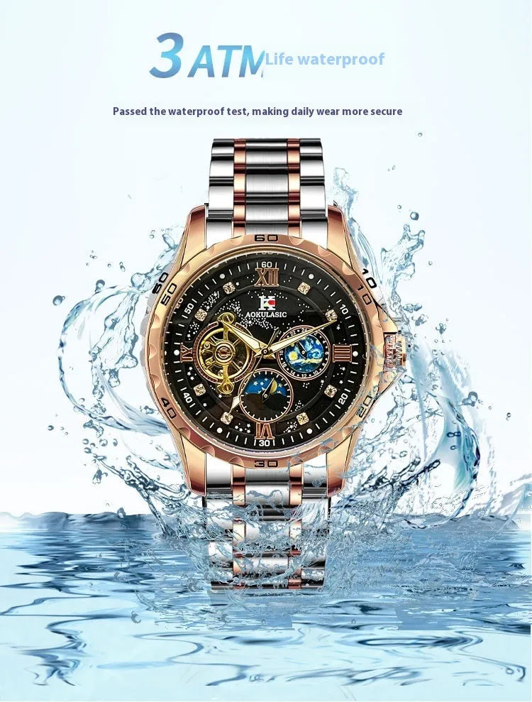 Men's automatic mechanical watch with rose gold shell, black dial, large display, and 12mm thickness