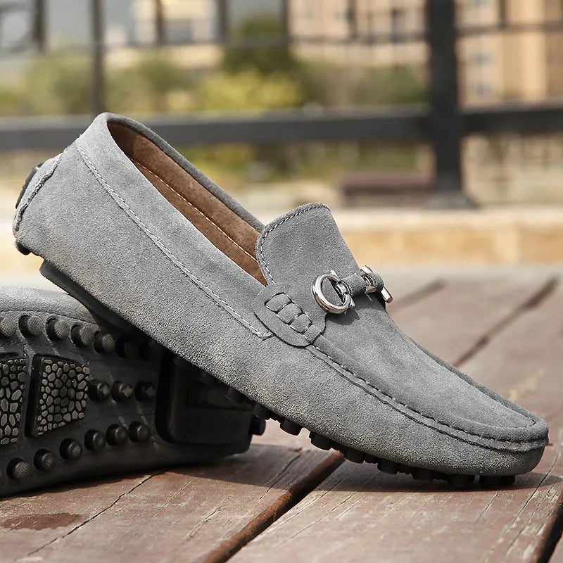 Men's black slip-on leather shoes with square-toe design and matte finish