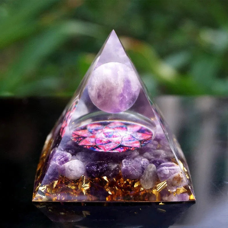 6cm crystal epoxy resin pyramid ornament with gravel inclusions in lapis lazuli colour