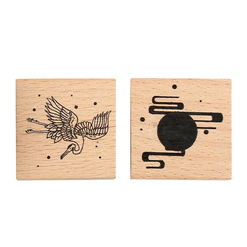 Mr Paper wooden seal set showing handcrafted stamp with crane design for DIY printing projects