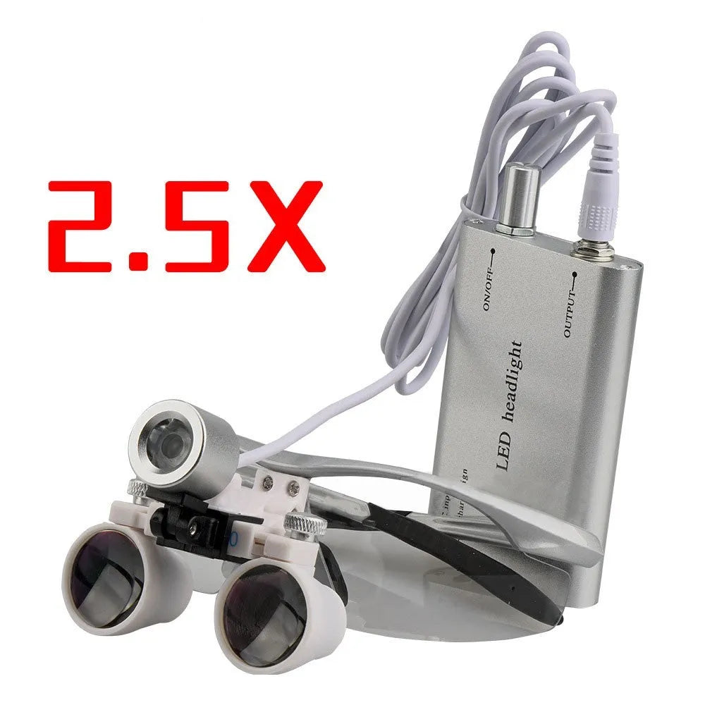 Black head-mounted dental LED magnifying glass with 3.5X magnification and adjustable working distance