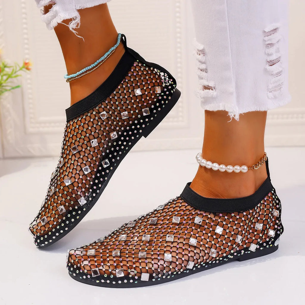 Women's mesh flat sandals with colourful rhinestone decoration and round toe design