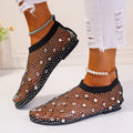 Women's mesh flat sandals with colourful rhinestone decoration and round toe design