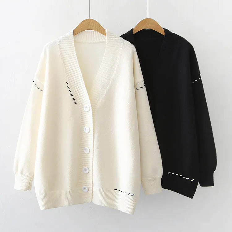 Women's loose fit long sleeve knitted cardigan coat in black and white solid colours