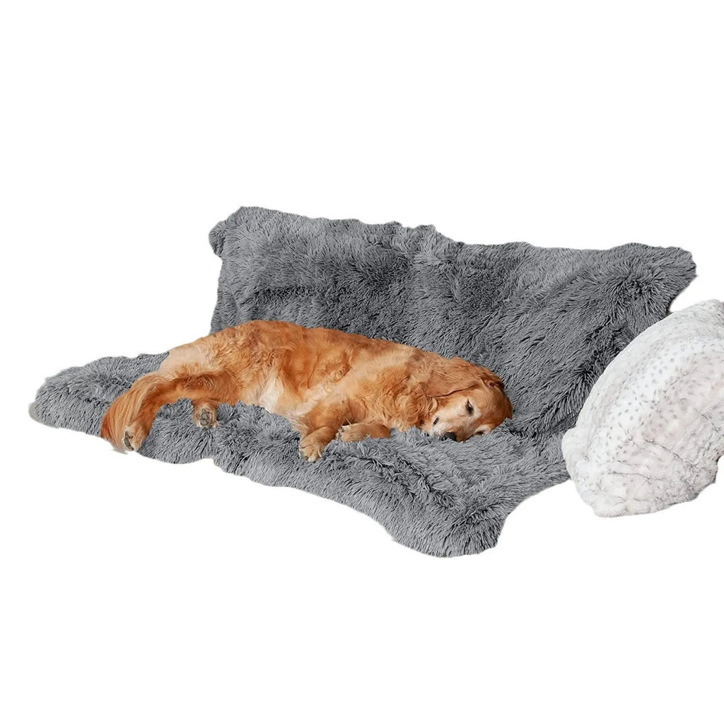 Plush waterproof dog cushion in dark grey, showing double-layer thickening construction.