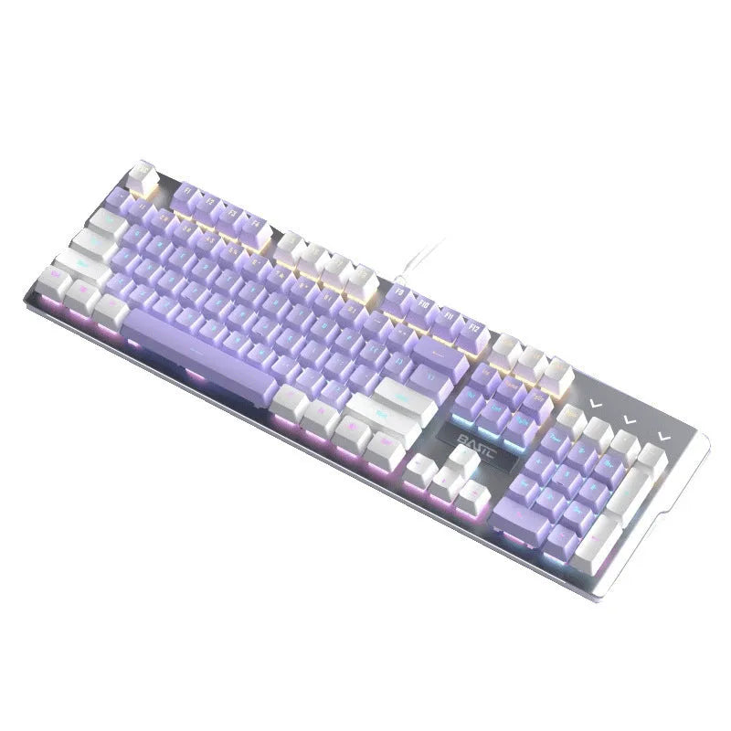 Purple mechanical keyboard and white mouse set with backlighting on wooden desk
