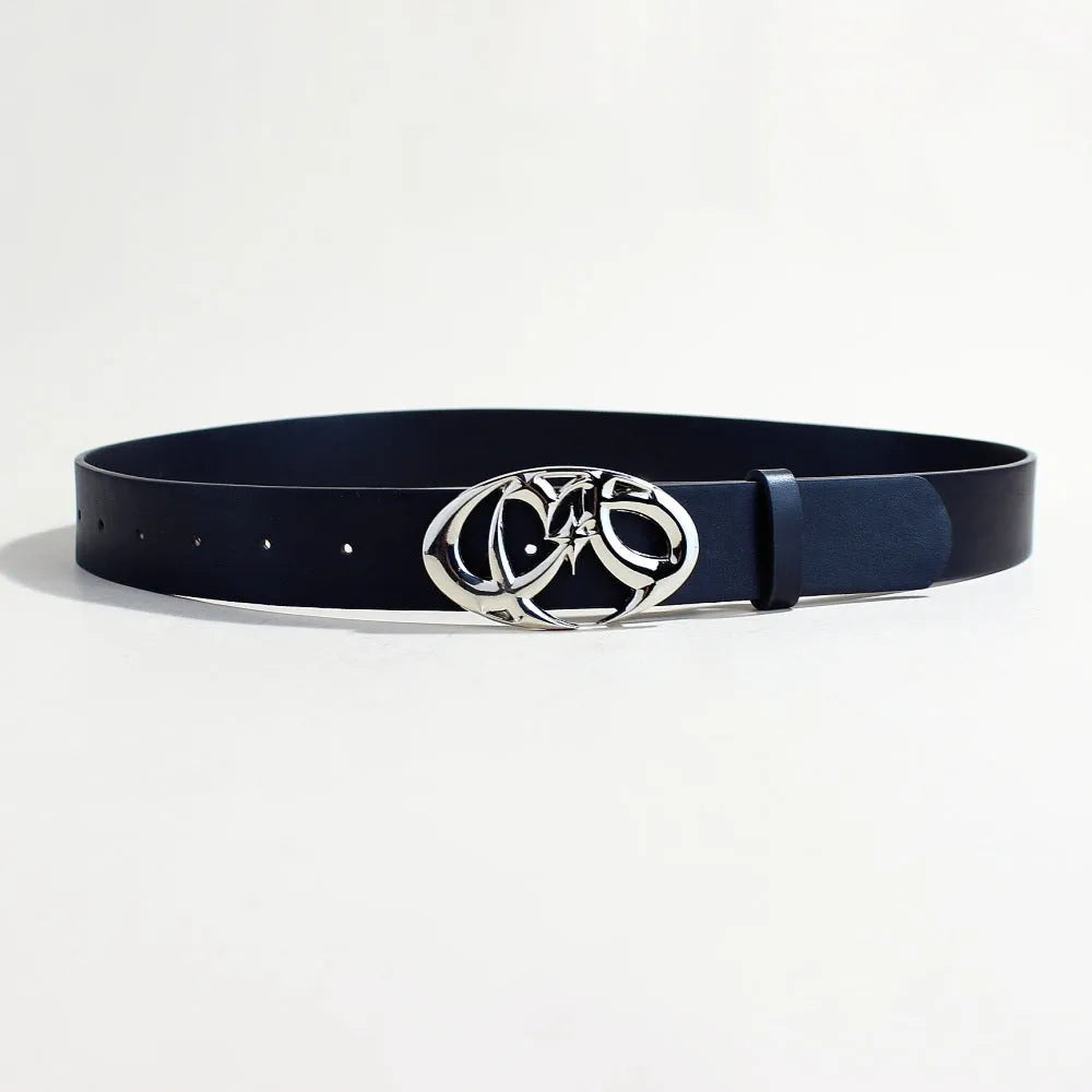 Silver buckle PU leather casual belt with snap button fastening.