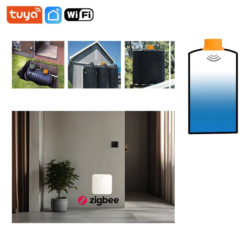 Tuya SmartLife wireless fluid level monitor sensor for remote water and fuel tank monitoring.