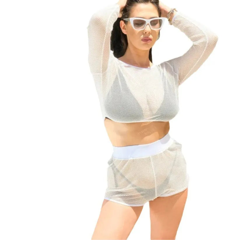 White transparent ladies beach swimsuit set with top and skirt, showing no-sun-mark strap design