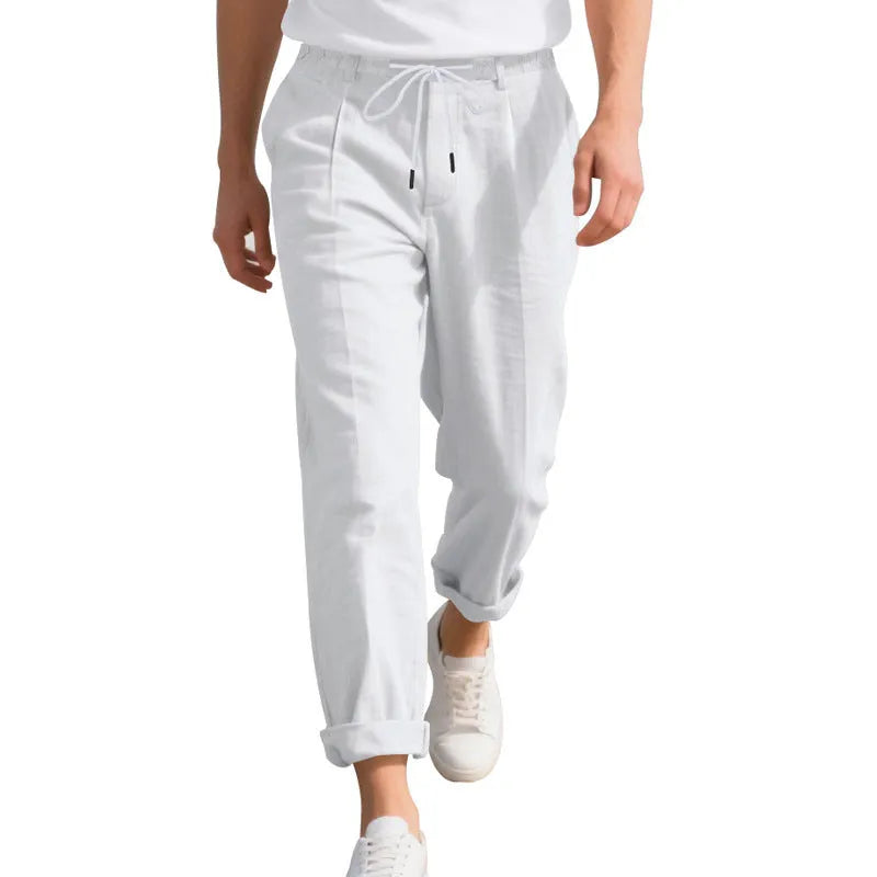 Men's straight-leg linen trousers in army green with drawstring waistband