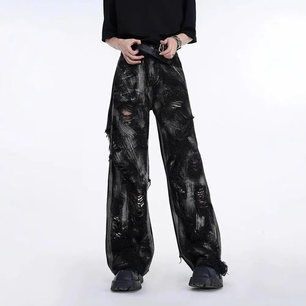 Men's heavyweight denim long pants jacket with washed graffiti design in grey and pink colour option.