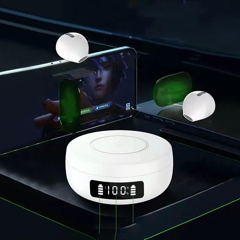 Mini semi-in-ear wireless headphones with charging compartment in black, white and colour options