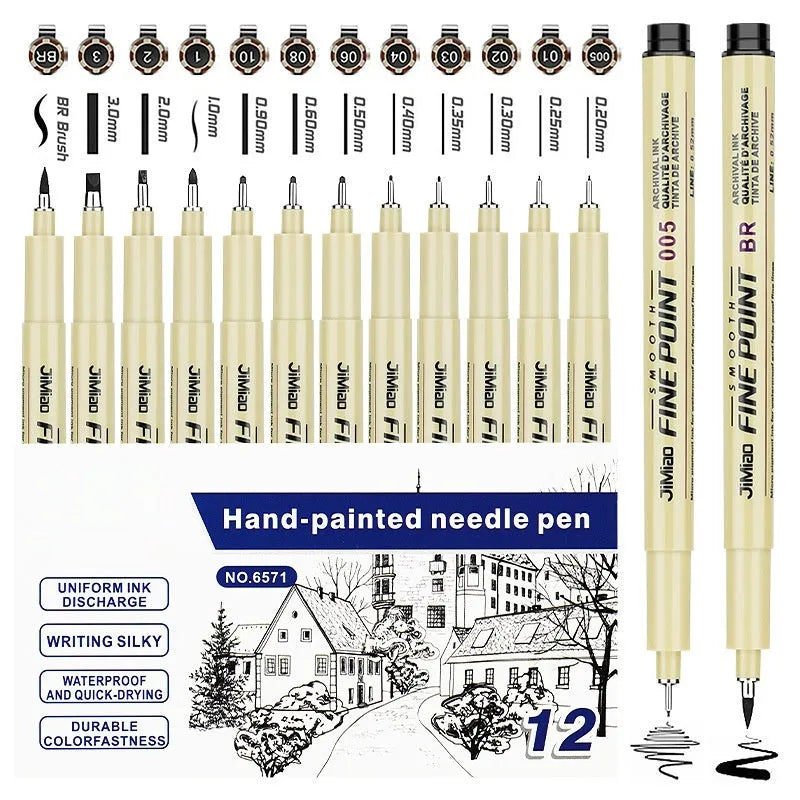 Black ink needle drawing pen with hook line art cartoon design on plastic body.