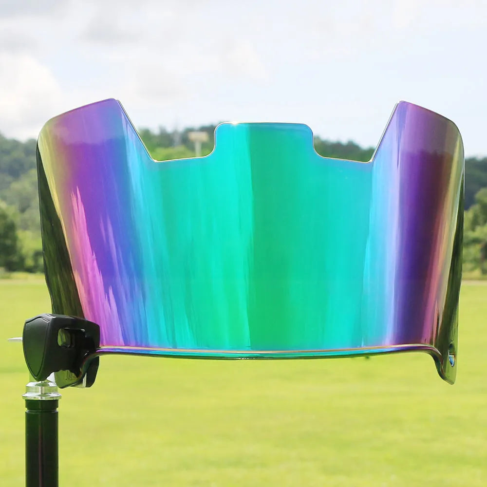 American style rugby helmet goggles in a multicolour option, showing attachment to a rugby helmet.