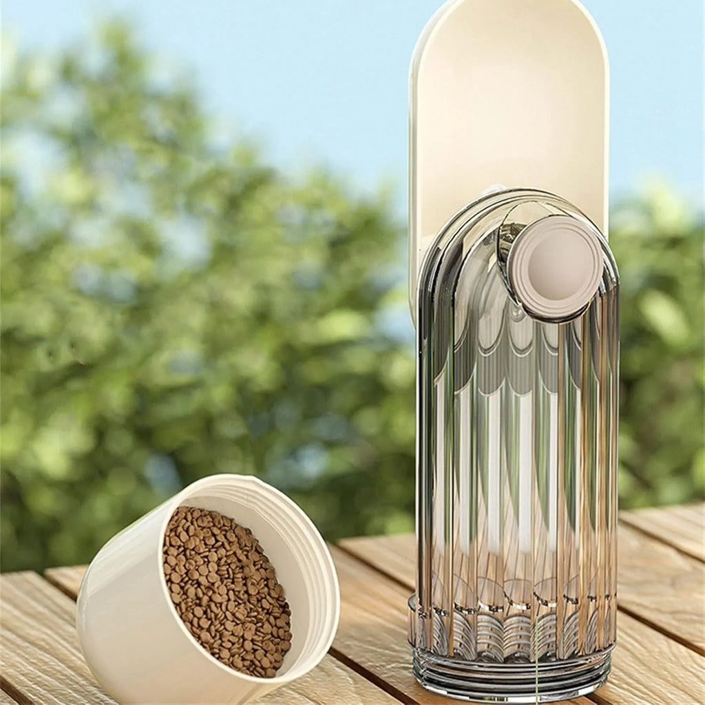 Folding dog water bottle with food dispenser in beige or green for outdoor pet activities