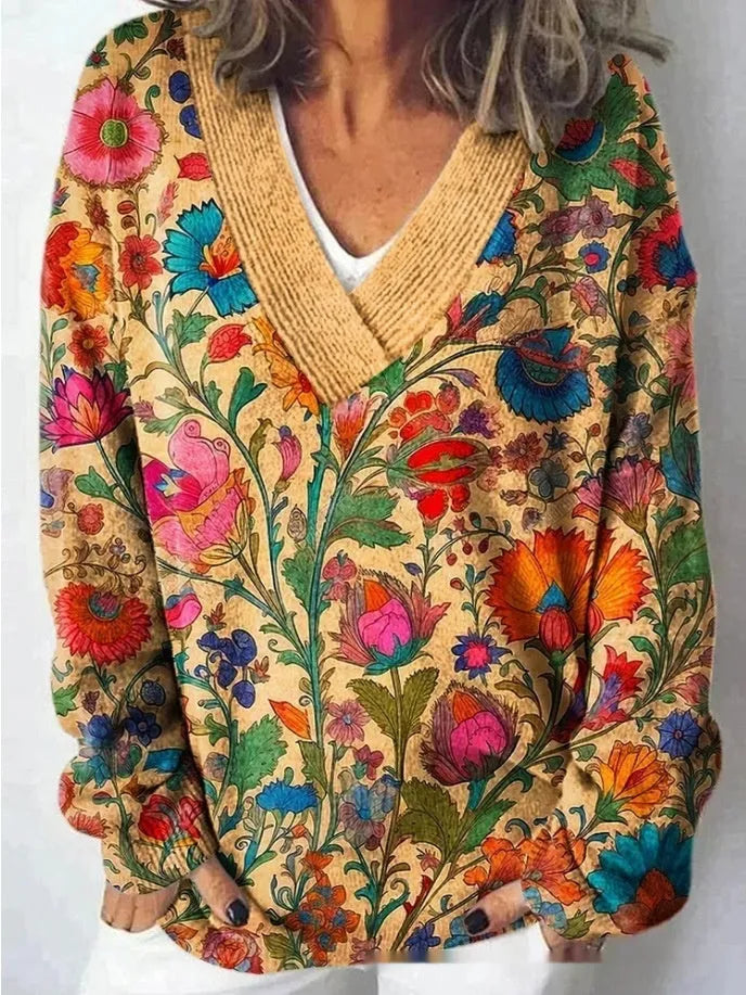 Women's V-neck long sleeve sweatshirt with a raised 3D floral pattern in an art retro style.