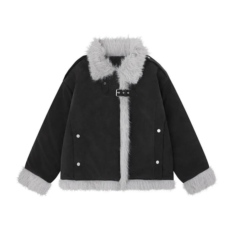 Women's retro lamb wool coat in black, brown, or pink, loose fit polyester, sizes S to XL