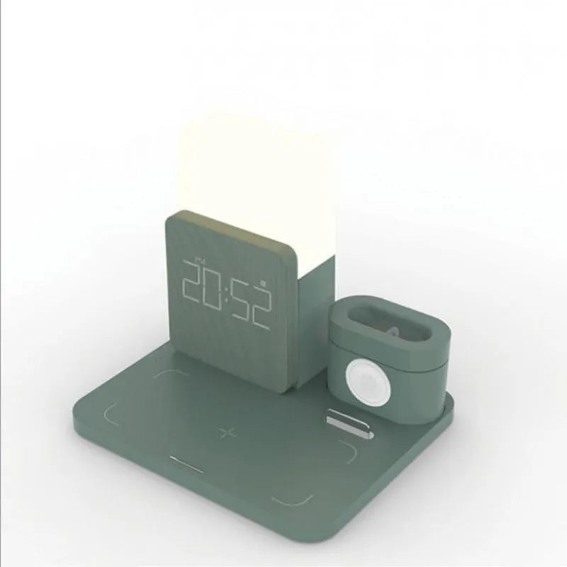 A multi-function Qi wireless charging stand in dark green, light green, or black, made from ABS plastic.
