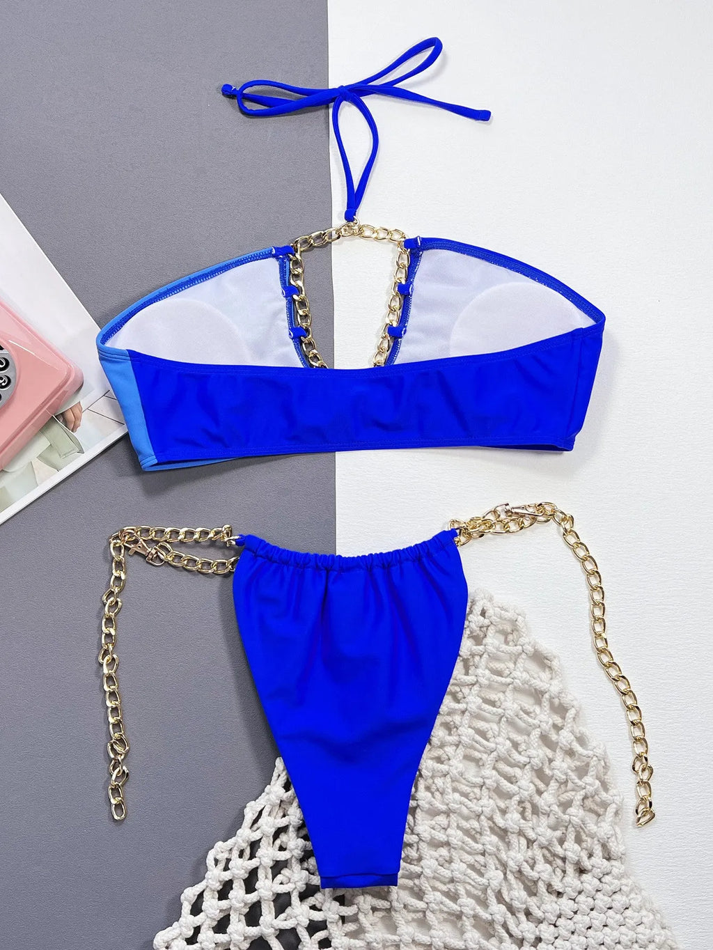 Blue solid colour women's two-piece bikini swimsuit made from nylon fabric