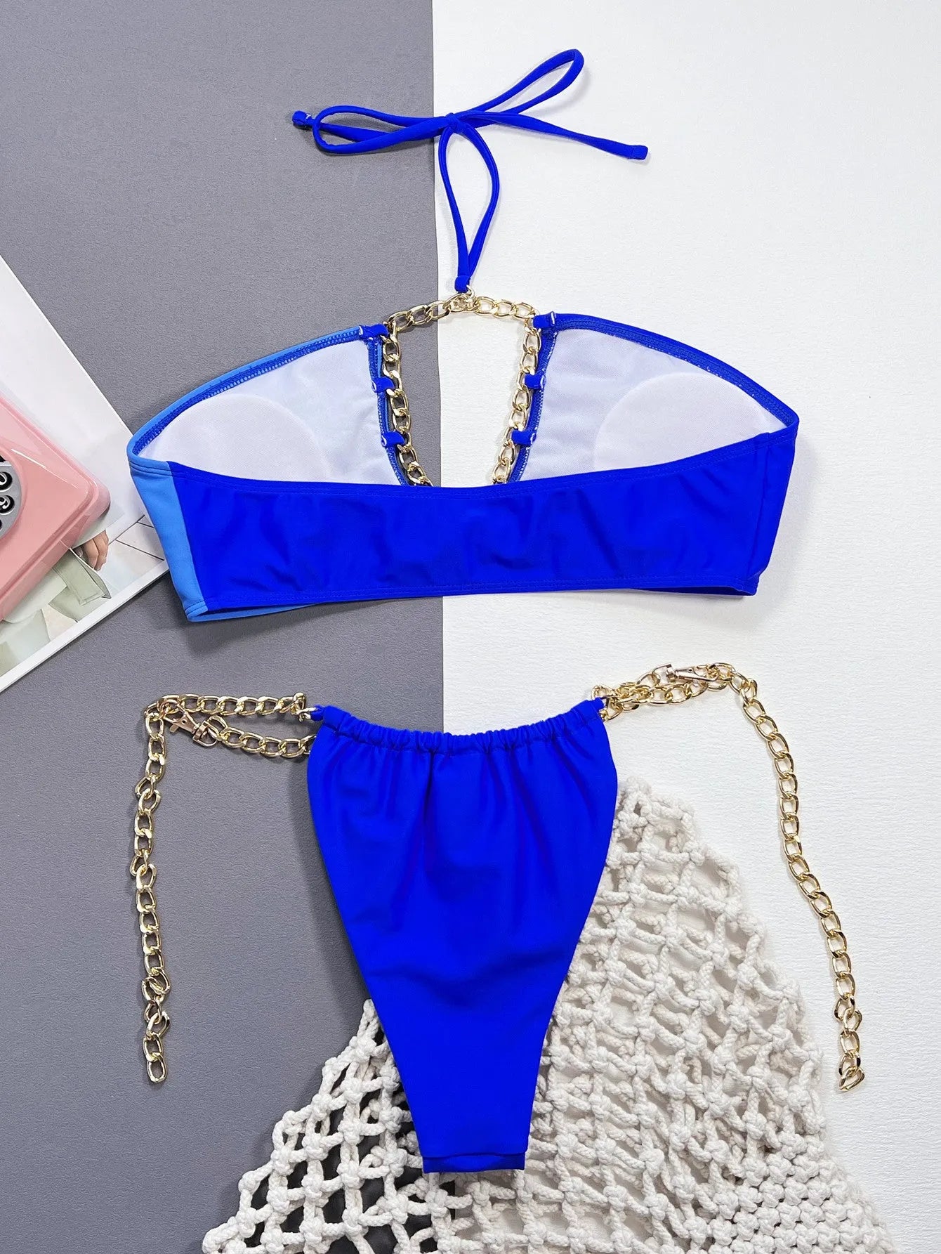 Blue solid colour women's two-piece bikini swimsuit made from nylon fabric
