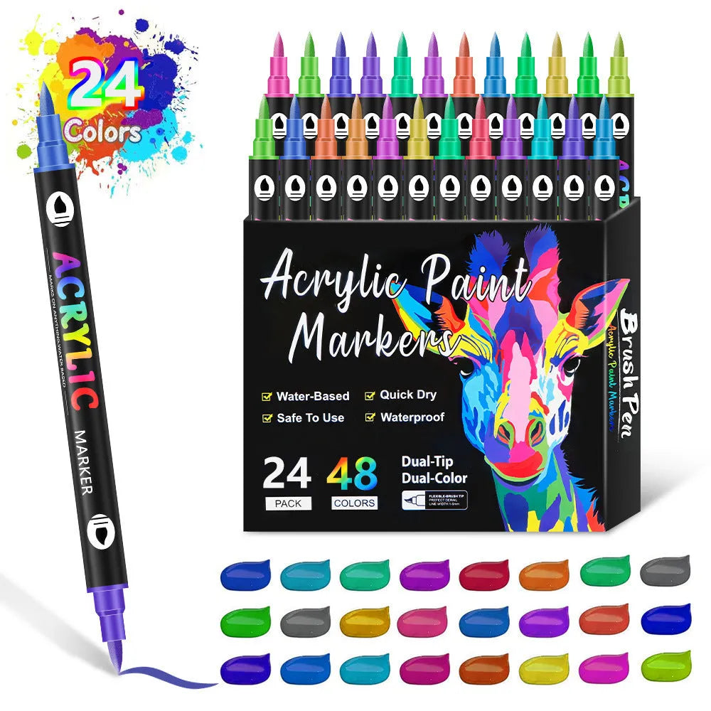 Set of double-headed acrylic marker pens with quick-drying washable opaque colours