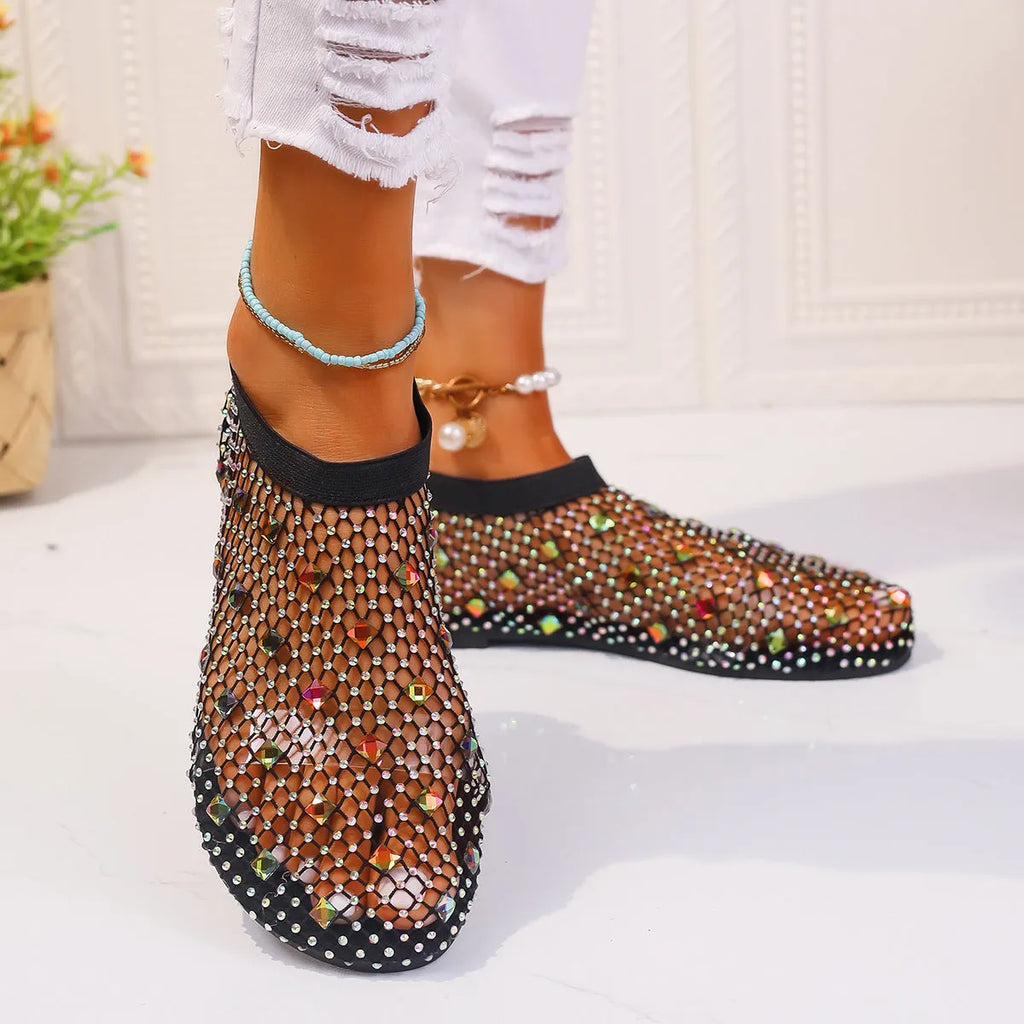 Women's mesh flat sandals with colourful rhinestone decoration and round toe design
