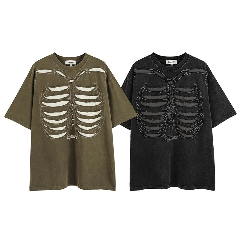 Black cotton t-shirt with skull pattern and drop shoulder sleeves, loose fit streetwear style