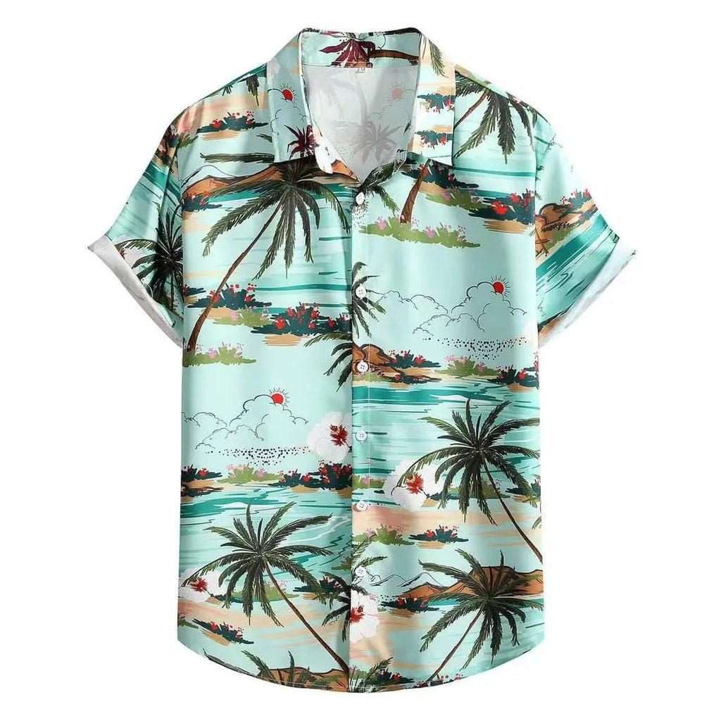 Hawaiian men's shirt with 3D printed colour pattern and short sleeves