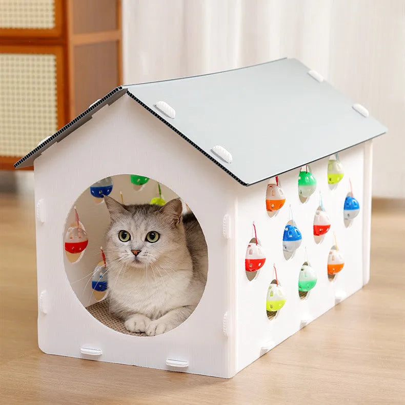 House-shaped cat scratch board with integrated bell ball tunnel and pet bed combination