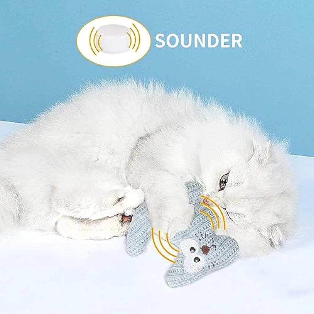 Cyan knitted plush cat toy with rope sections, containing catnip and a bell, shown on a white background.