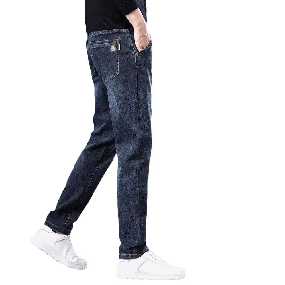 Blue grey slim straight casual trousers with micro elastic waist for summer street fashion wear
