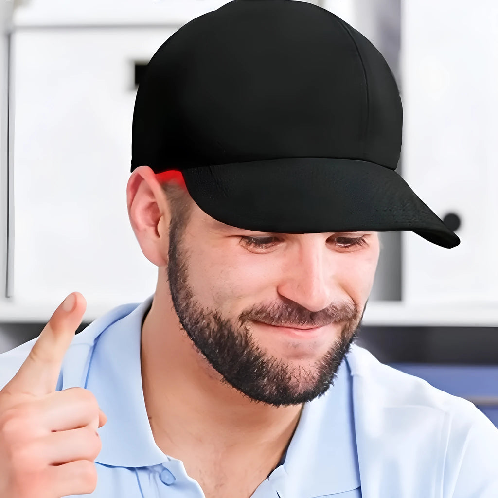 Black infrared peaked cap with LED lights for hair growth therapy treatment