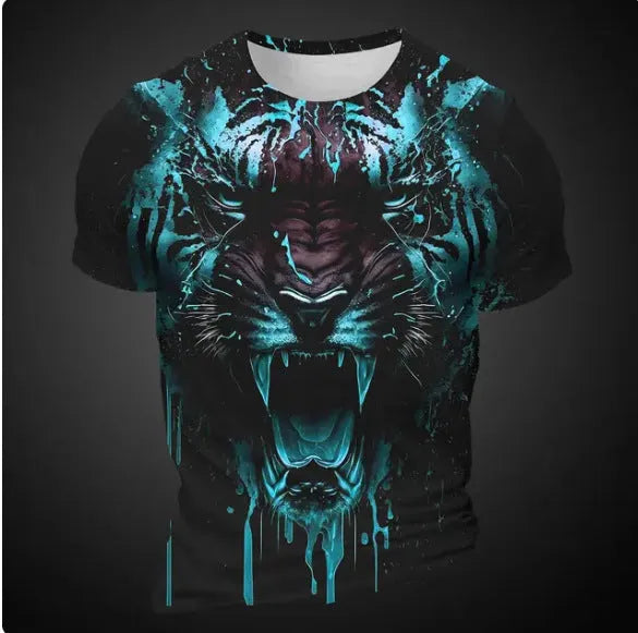 Men's 3D tiger pattern short sleeve T-shirt in polyester bird eye cloth fabric with digital printing