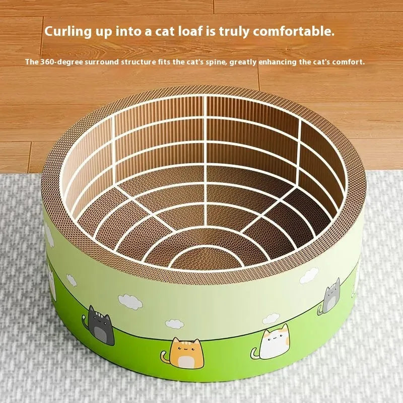 Large round corrugated paper cat scratch board with a deep central pit and integrated base.