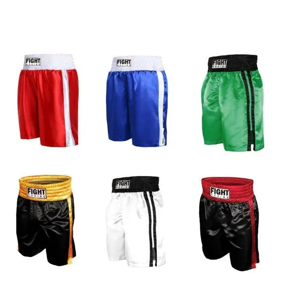 Boxing shorts in multiple colour options including black and red, and black and white side stripes.