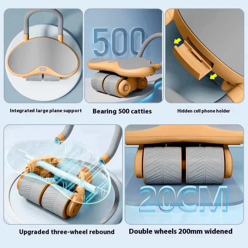 Three-wheel abdominal wheel with automatic rebound mechanism and included kneepad