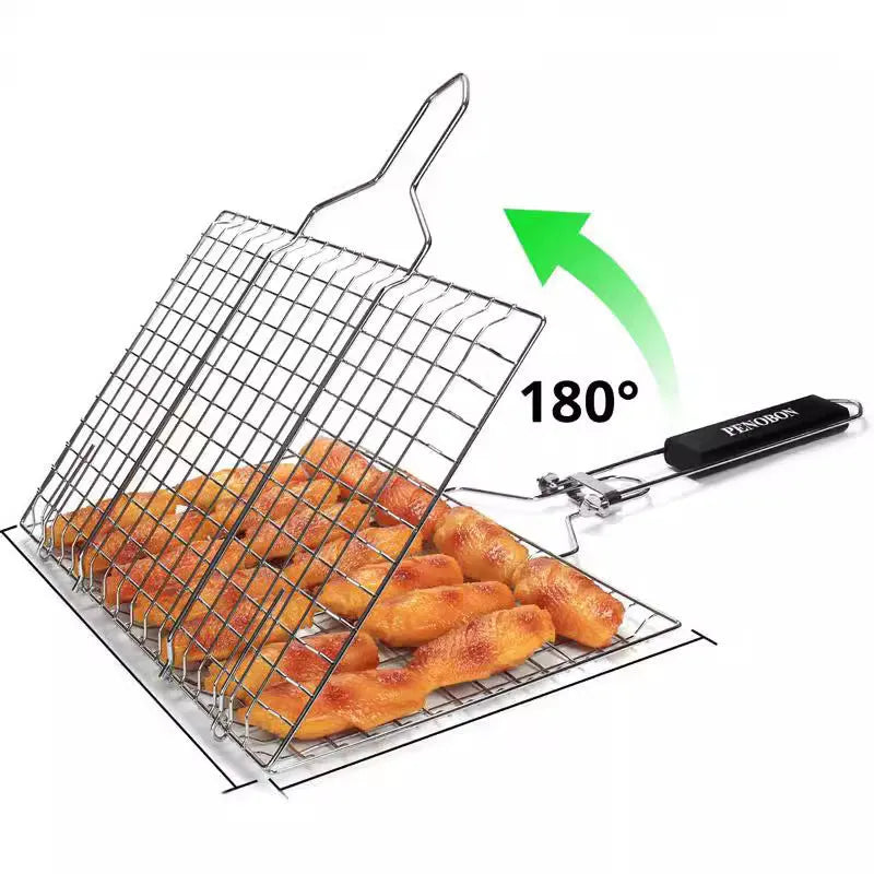 Square stainless steel folding barbecue mesh basket with a cleaning brush on a grill.