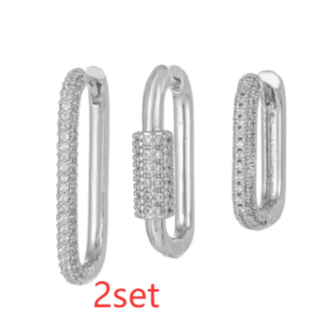 Three geometric ear clips with micro inlaid zircon stones in gold and white colour options