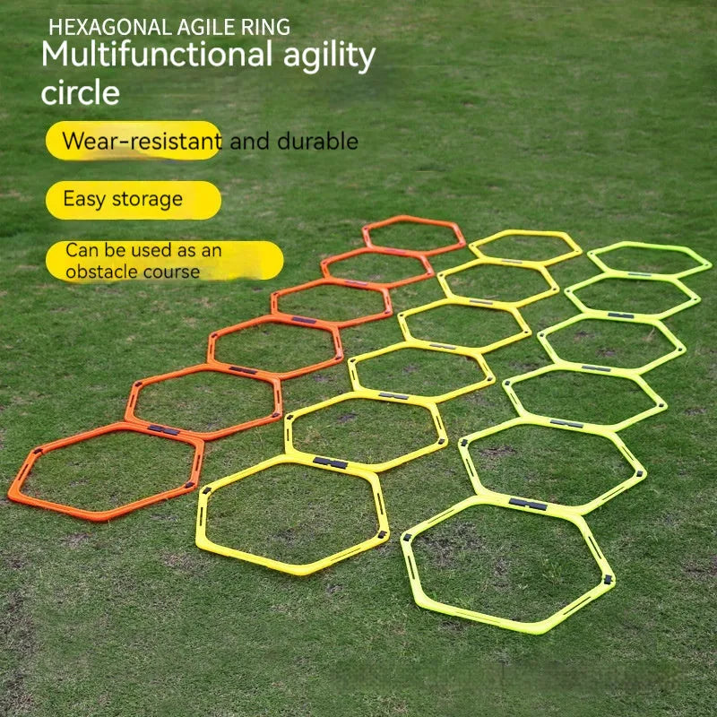 Set of six foldable hexagon football agility training rings in yellow, green and orange colours