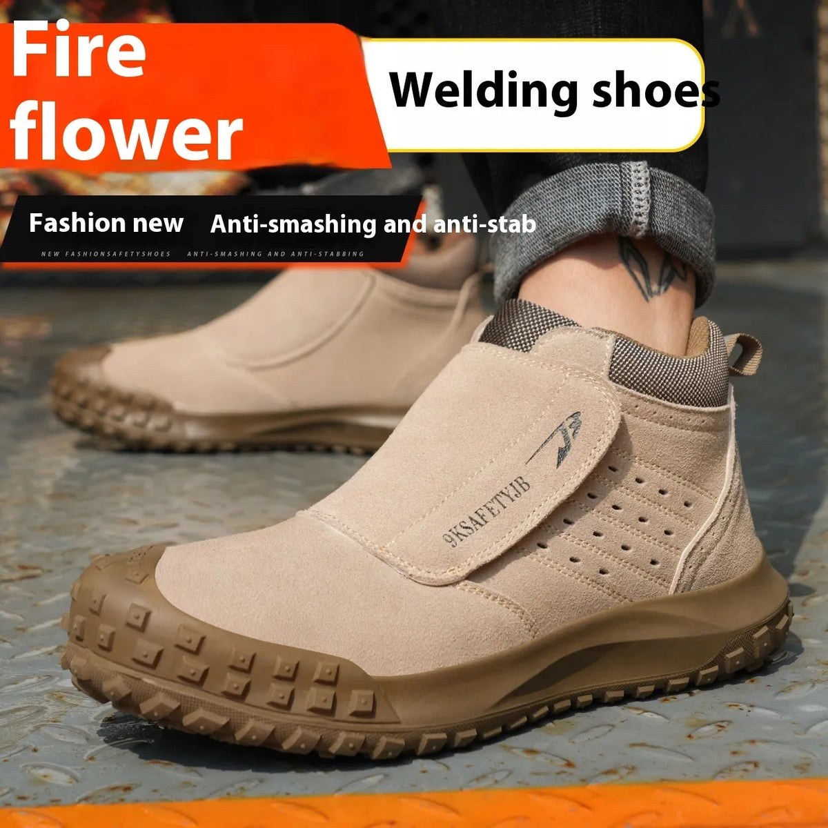 Lightweight welder labour protection shoes with steel toe cap in sand colour on a workbench.