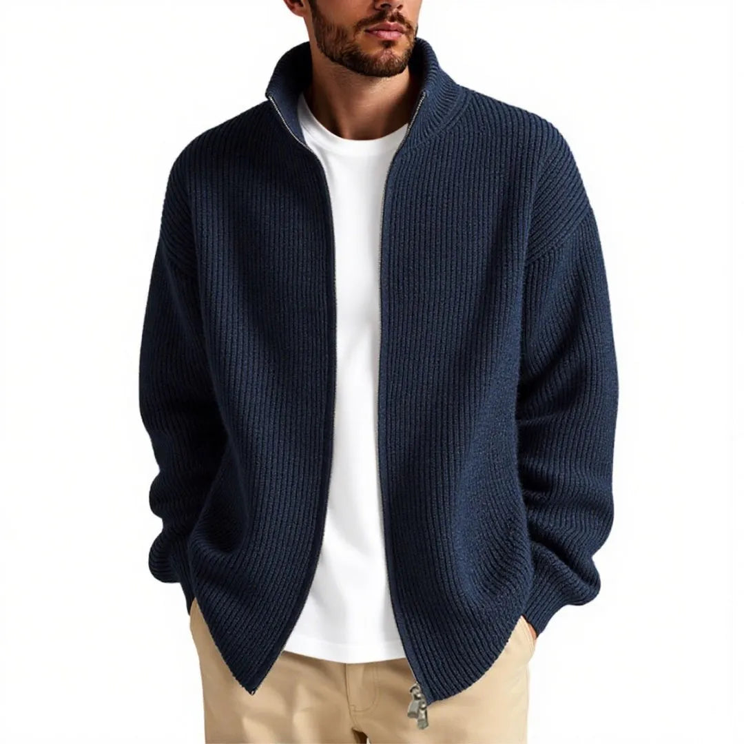 Loose men's cardigan sweater coat in chemical fiber blend available in milky white gray black navy blue and gray green for casual leisure wear